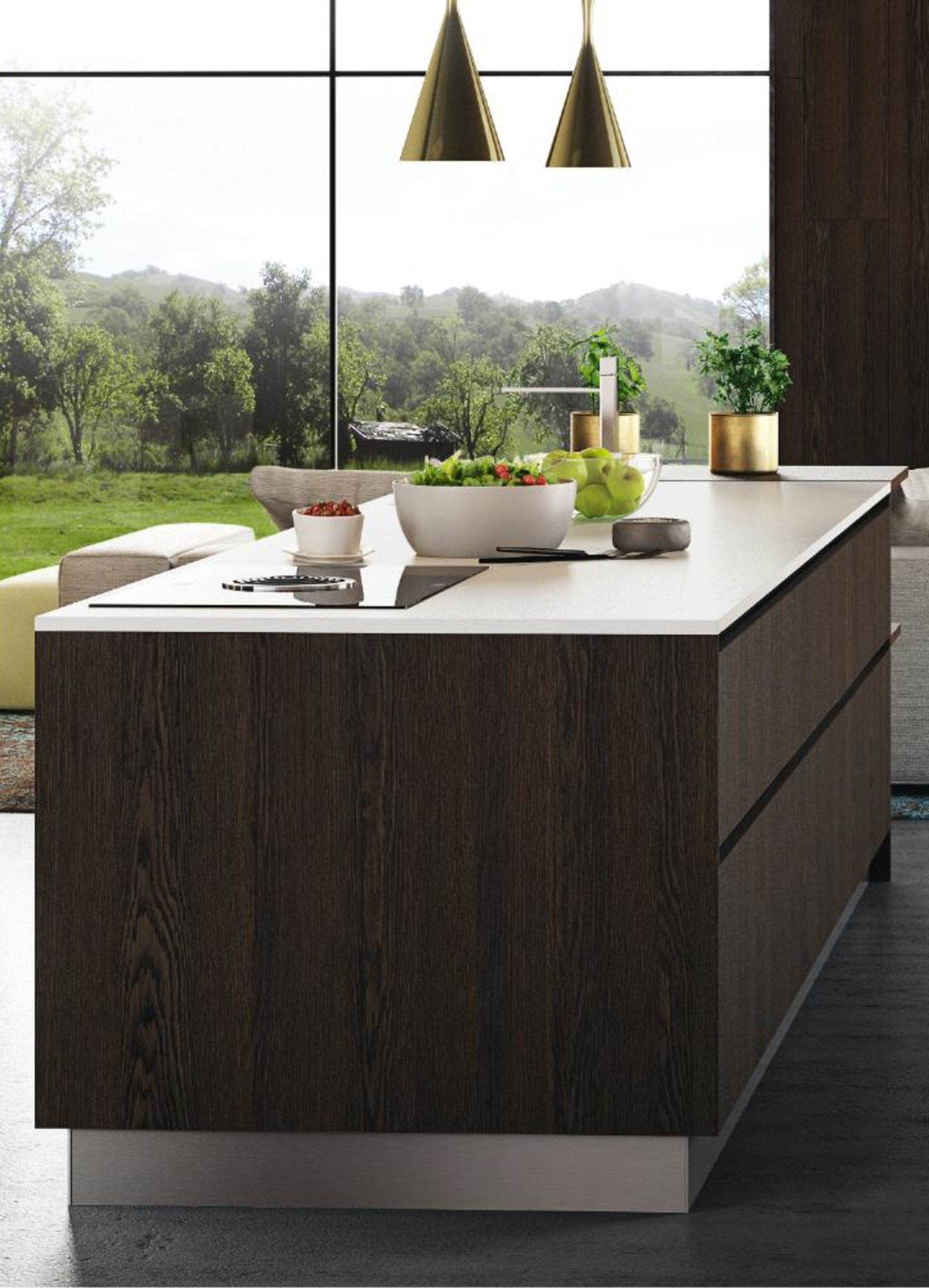 Elegante Küche mit weißer Quarzarbeitsplatte, dunklen Schränken und goldenen Pendelleuchten